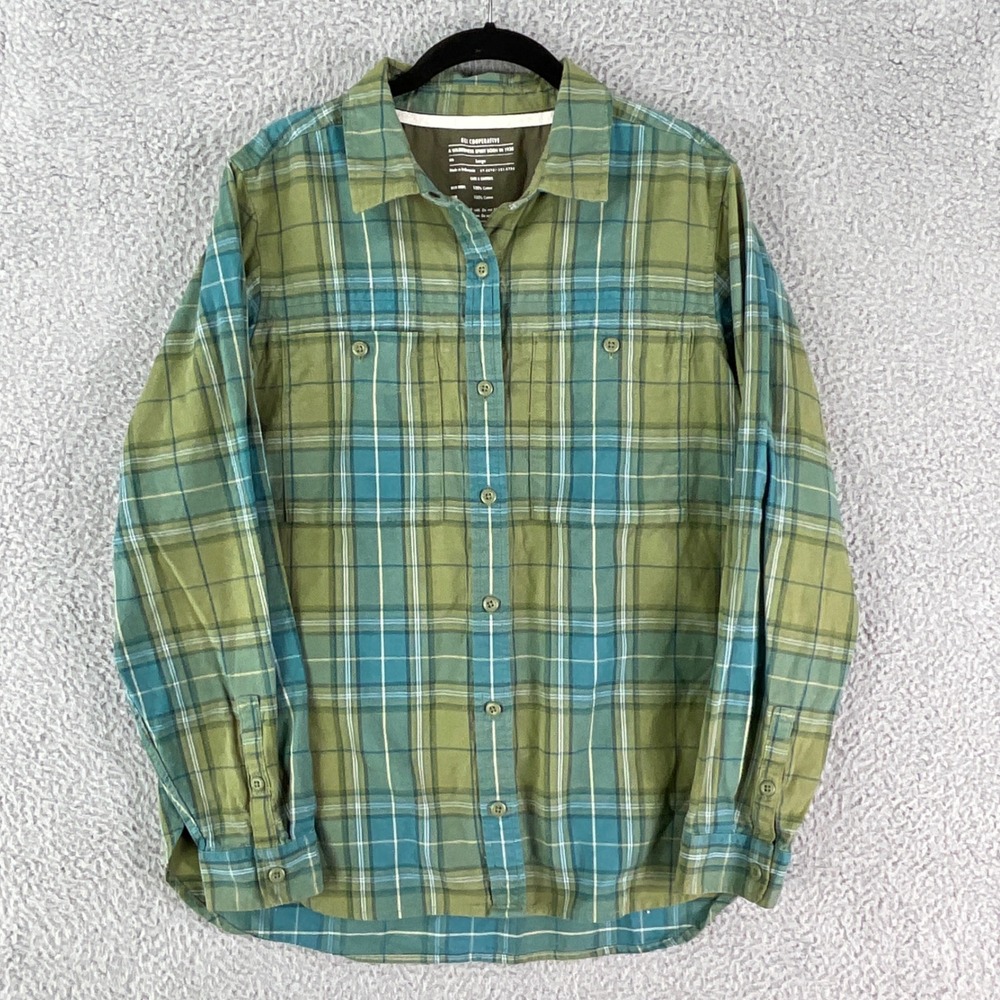 REI Co-op Plaid Button Down Women Large Green Teal Cotton Hiking Shirt Pocket